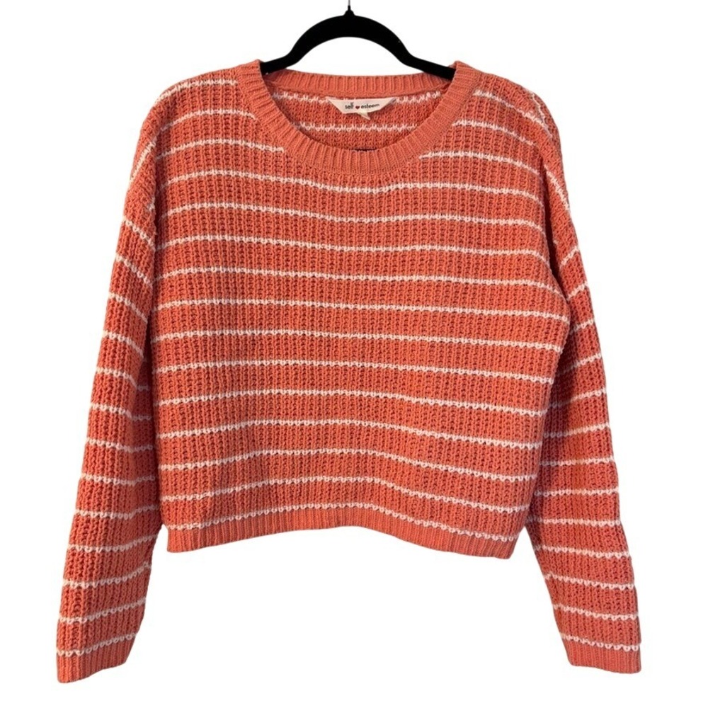 Self Esteem L Chenille Striped Cropped Pullover Sweater Coral White Coastal Chic